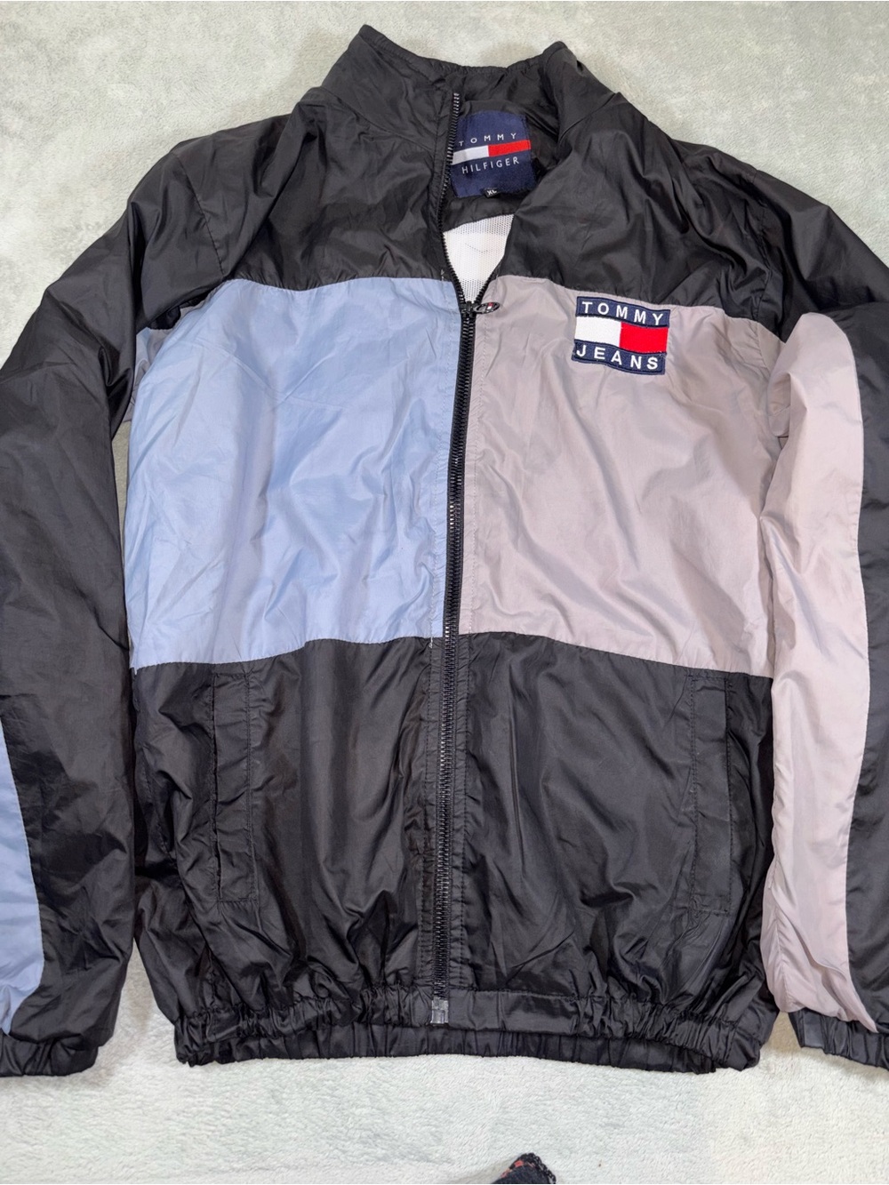 Vintage Tommy Jeans Colorblock Windbreaker Jacket Black Grey Blue XL